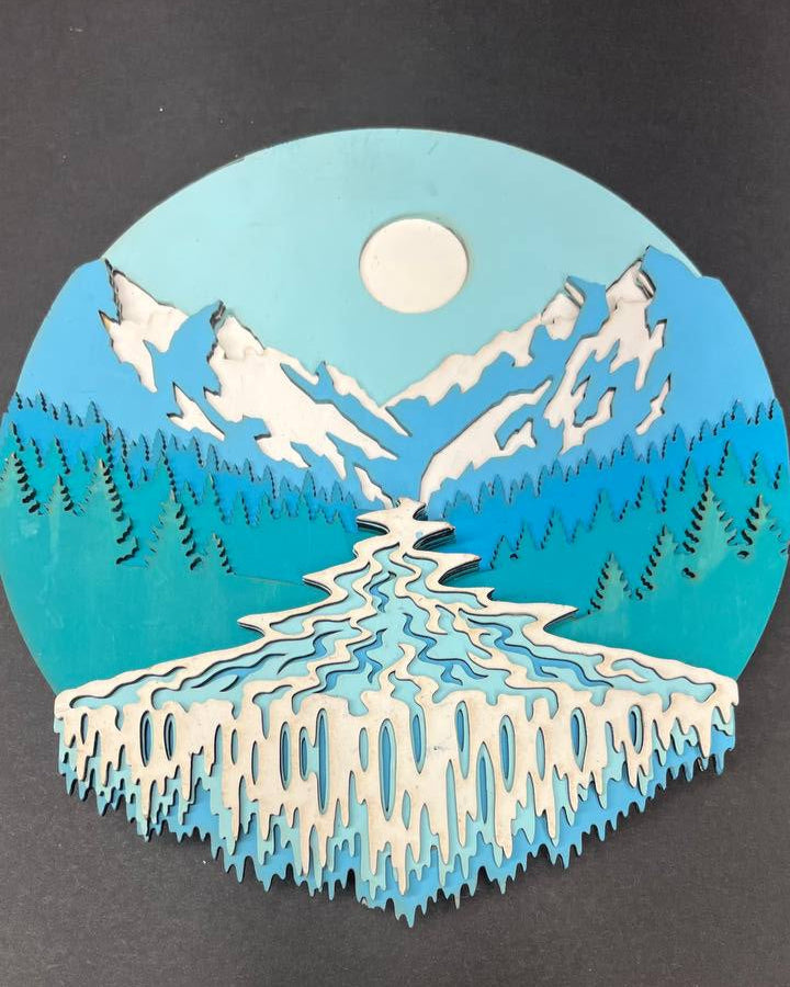 Hand-Painted 10-Layer Waterfall Mountain Scene Wood Décor
