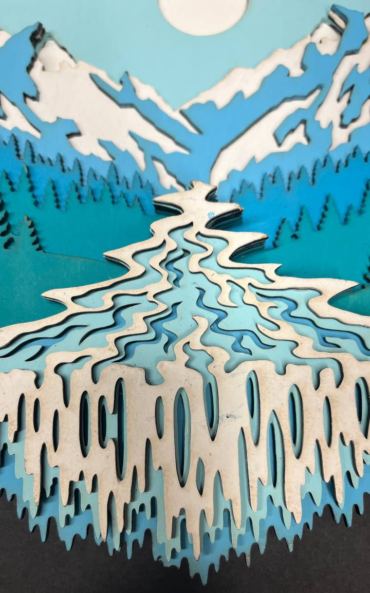 Hand-Painted 10-Layer Waterfall Mountain Scene Wood Décor