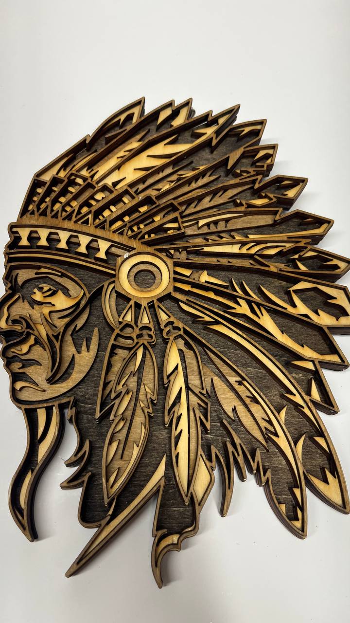 Hand-Painted 4-Layer Indian Chief Head Wood Décor