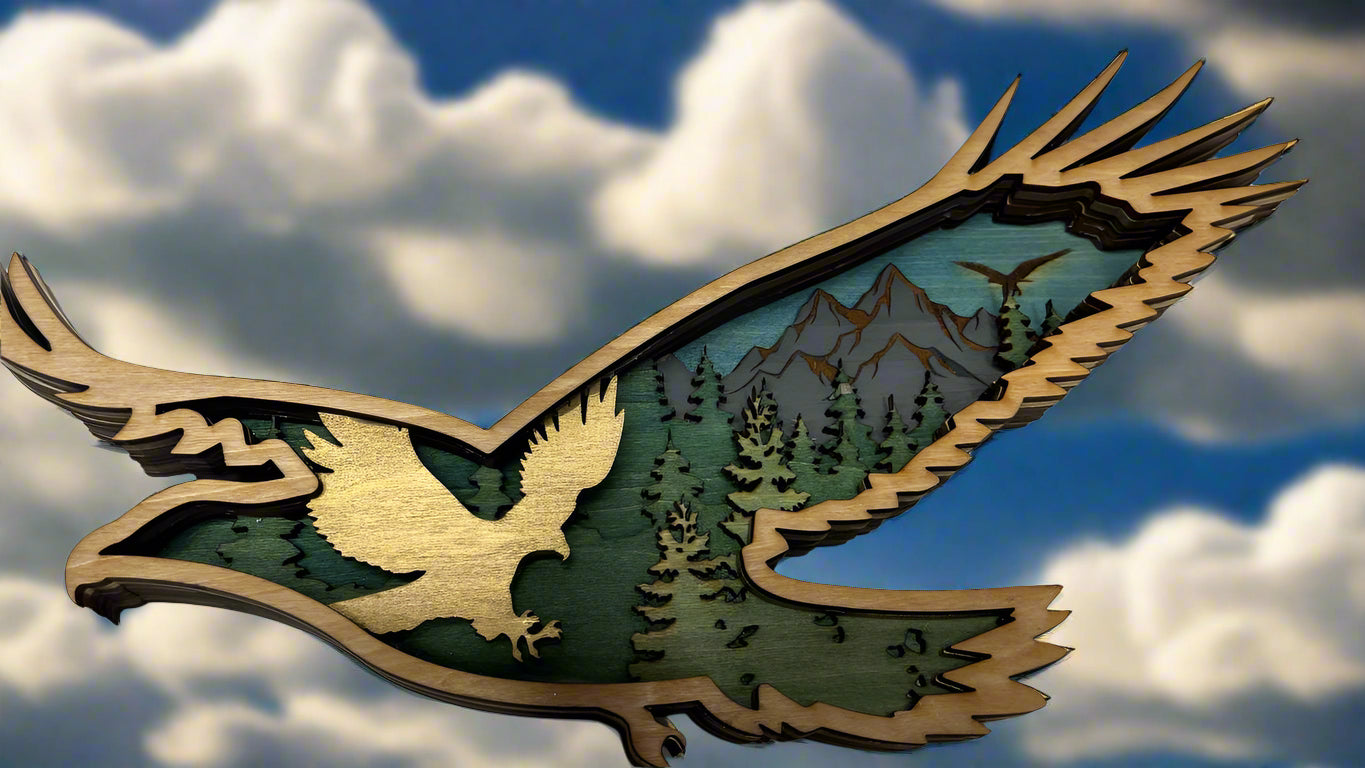 Hand-Painted 7-Layer Flying Eagle with Mountain Scene Wood Décor