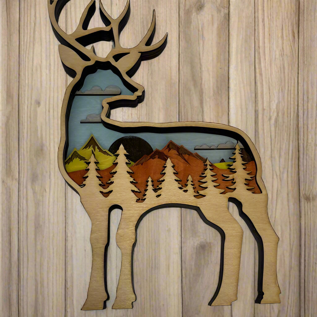 Hand-Painted 6-Layer Deer with Mountain & Tree Scene Wood Décor