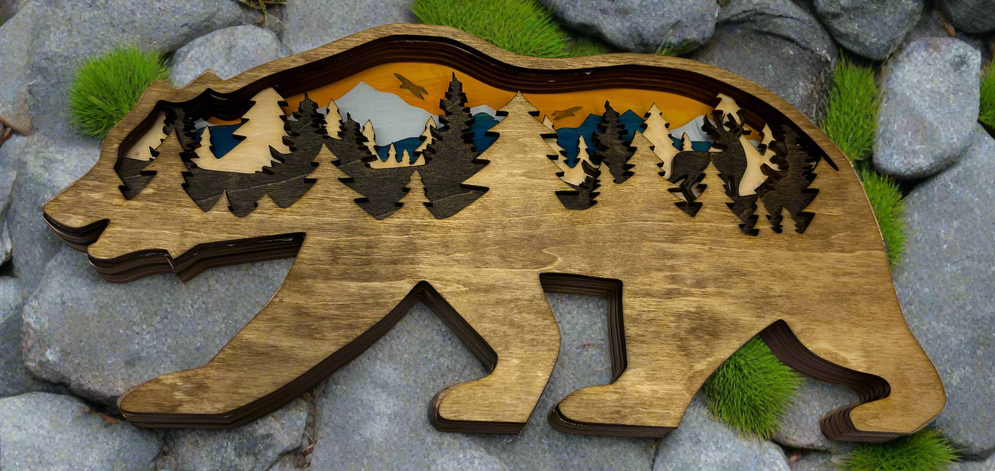 Hand-Painted 6-Layer Bear with Mountain & Tree Scene Wood Décor