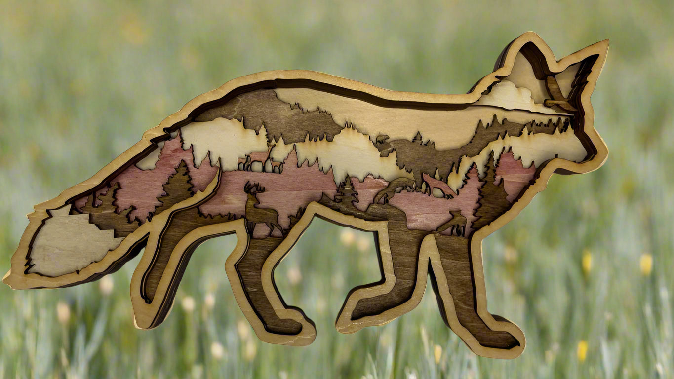 Hand-Painted 7-Layer Fox with Mountain & Tree Scene Wood Décor