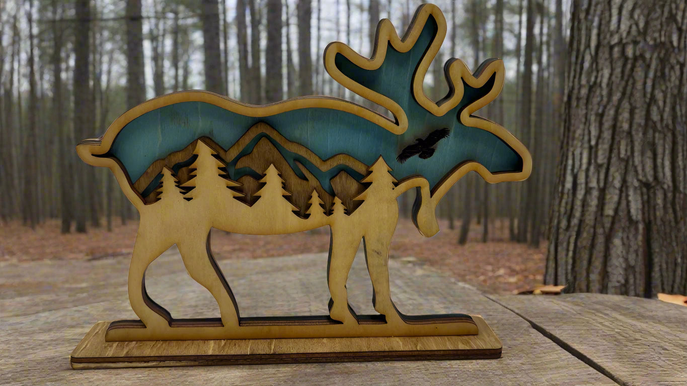 Hand-Painted 3-Layer Moose with Mountain Scene Wood Décor