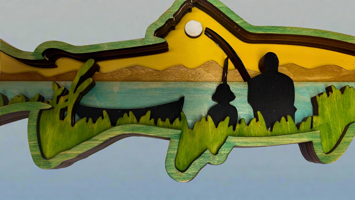 Hand-Painted 6-Layer Fish with Man and Child Fishing Wood Décor