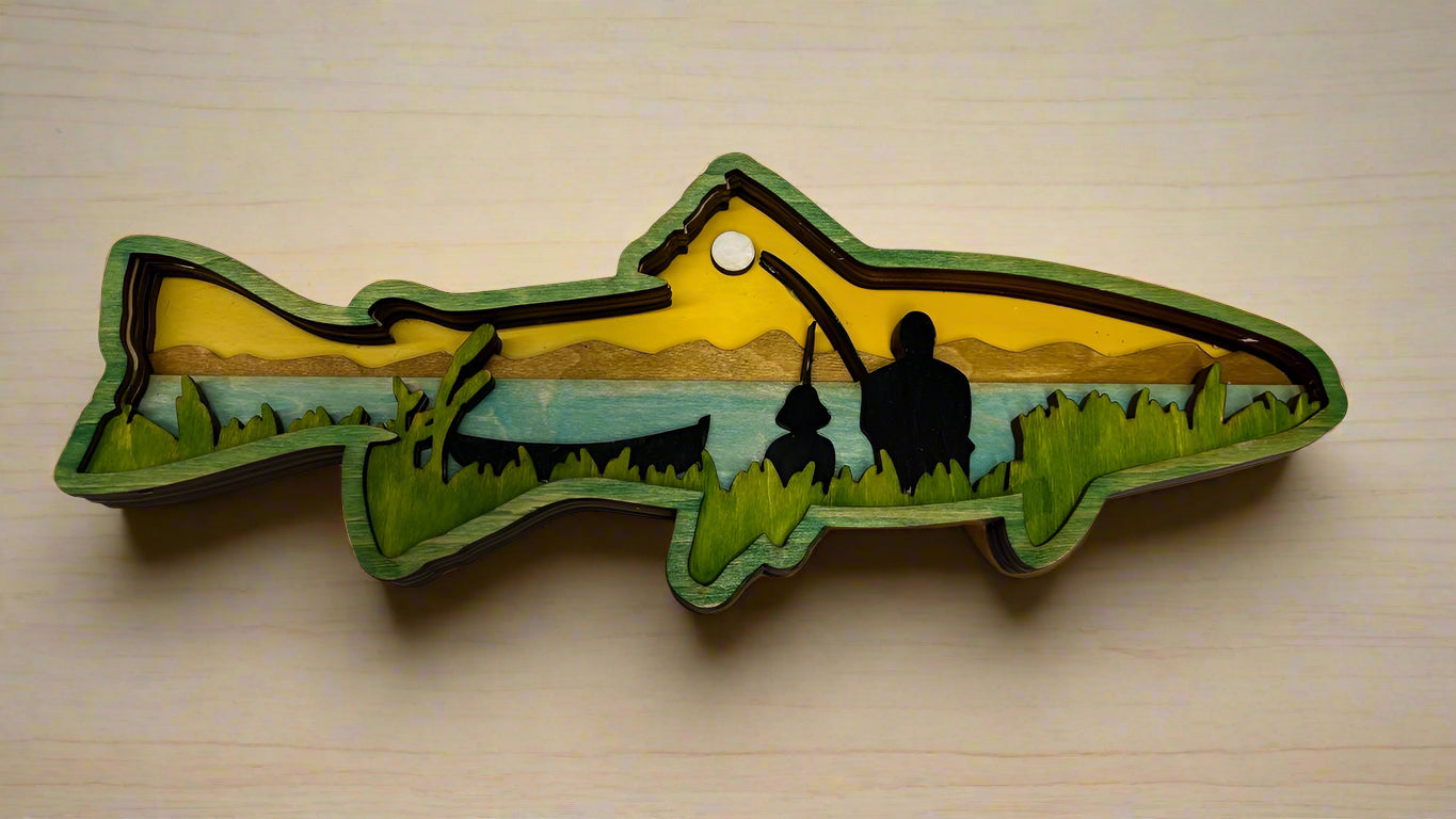 Hand-Painted 6-Layer Fish with Man and Child Fishing Wood Décor