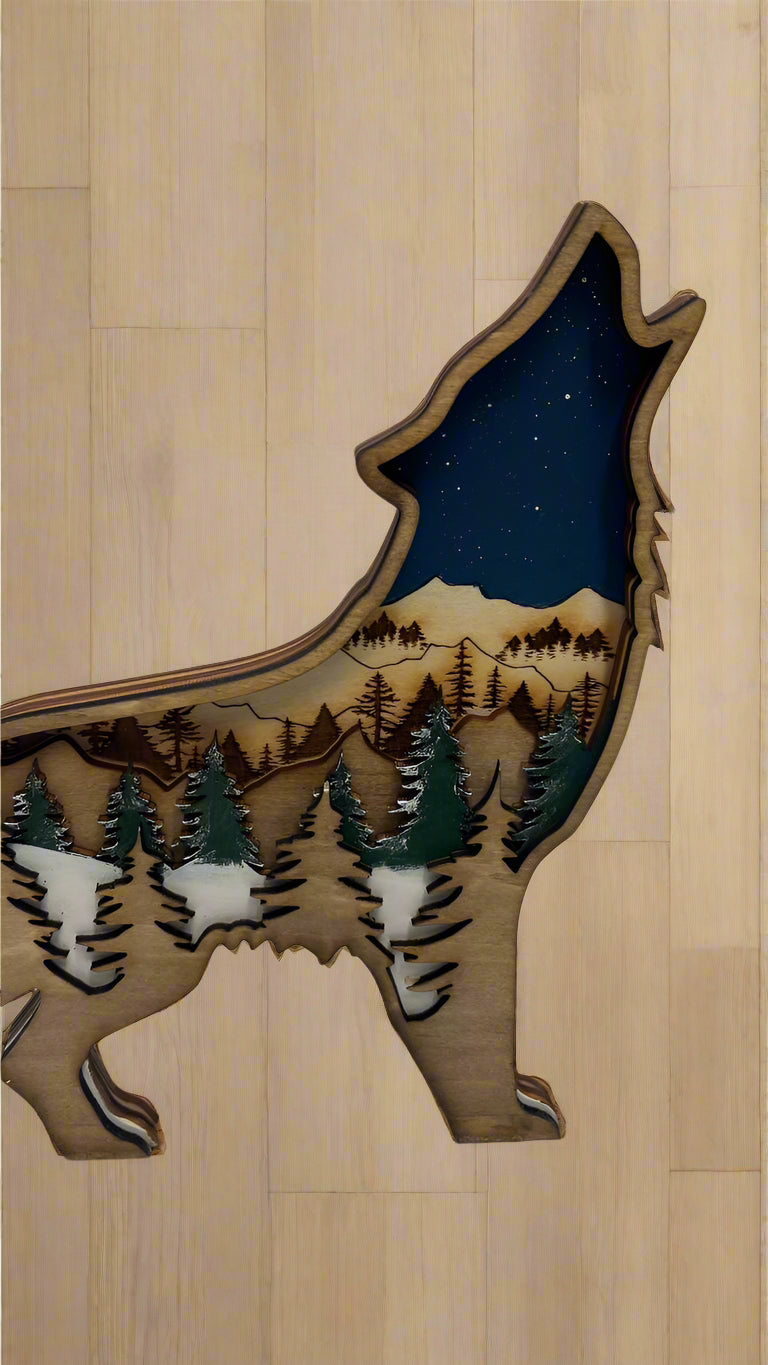 Hand-Painted 4-Layer Howling Wolf Wood Décor