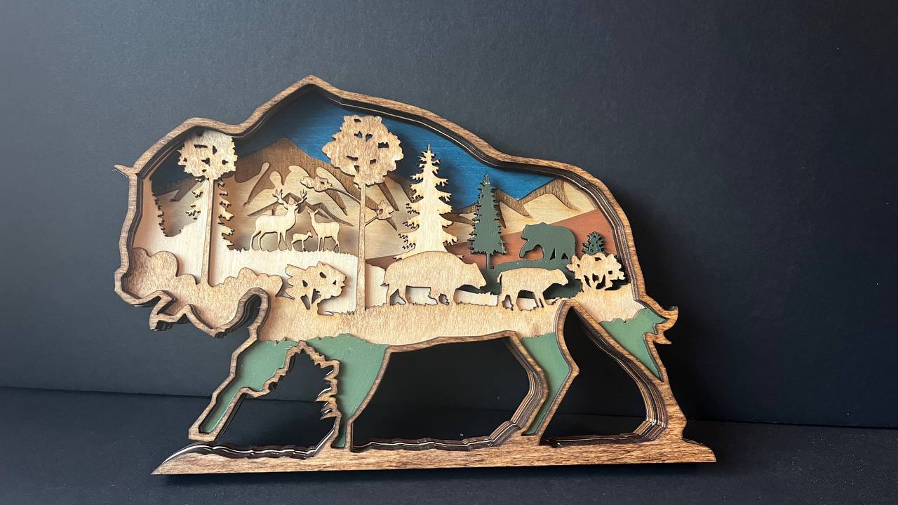 Hand-Painted 7-Layer Bison with Mountains, Trees & Wildlife Wood Décor