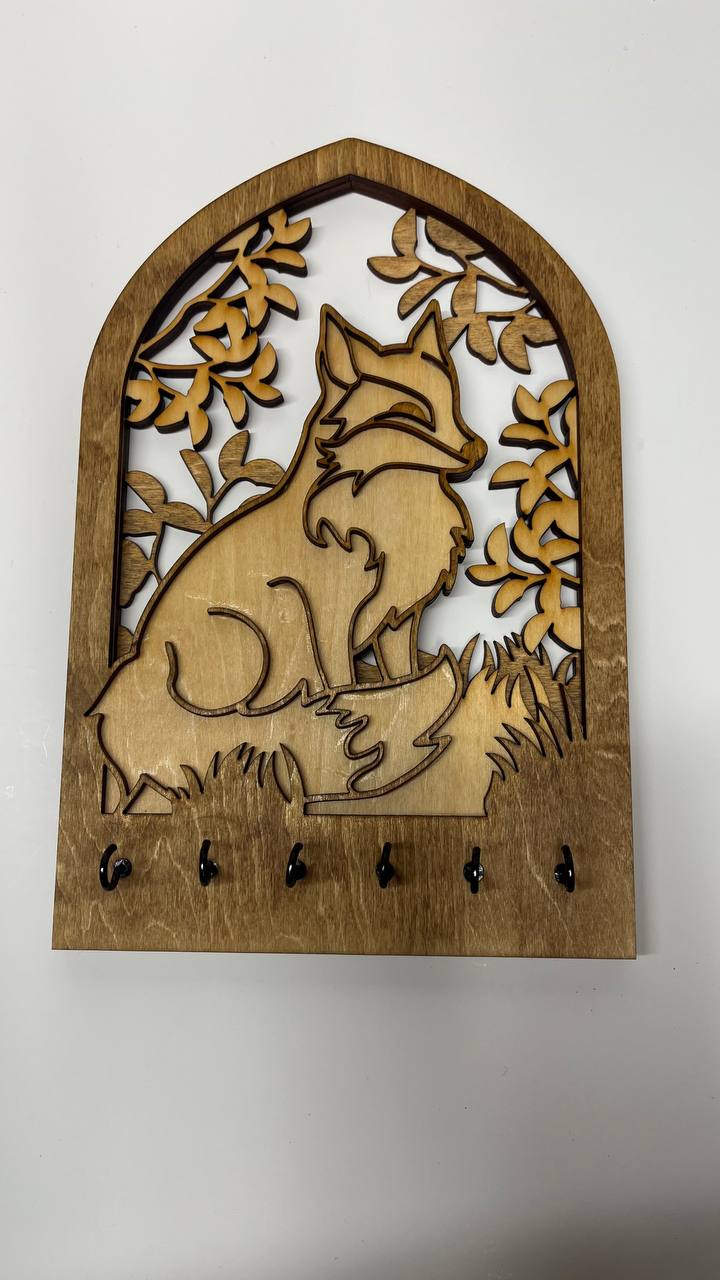 Rustic Fox Key Holder – Hand-Painted Wooden Wall Organizer with 6 Hooks for Keys, Leashes & Accessories