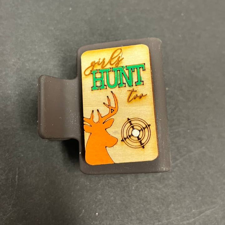 Small Hunting Hair Claw Clip β "Girls Hunt Too" with Deer & Target β Hand-Painted Wood
