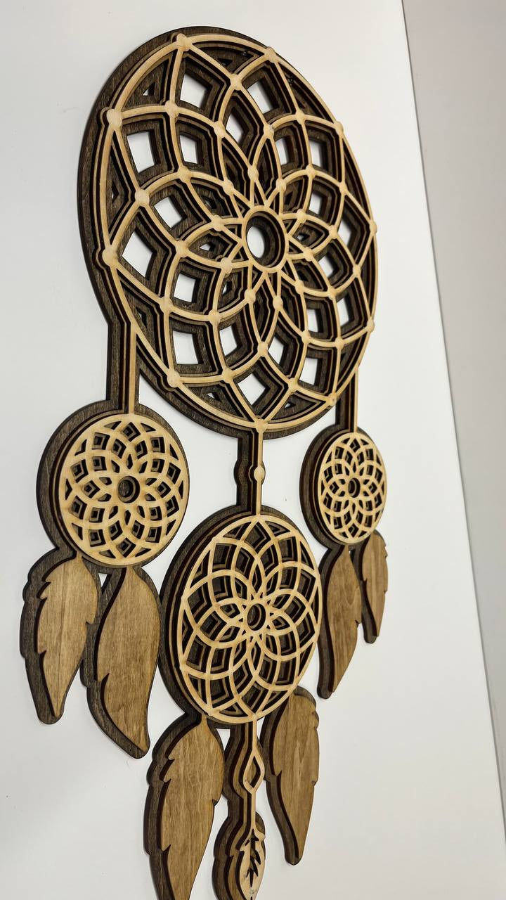 Handcrafted Layered Wooden Dream Catcher – 3D Boho Wall Decor, Rustic Feather Dreamcatcher