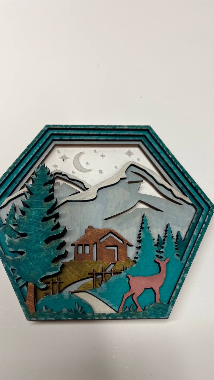 Wooden Mountain Cabin & Wildlife Hexagon | 3D Layered Wall Art | Rustic Lodge Decor | Nature Scene Shelf Sitter