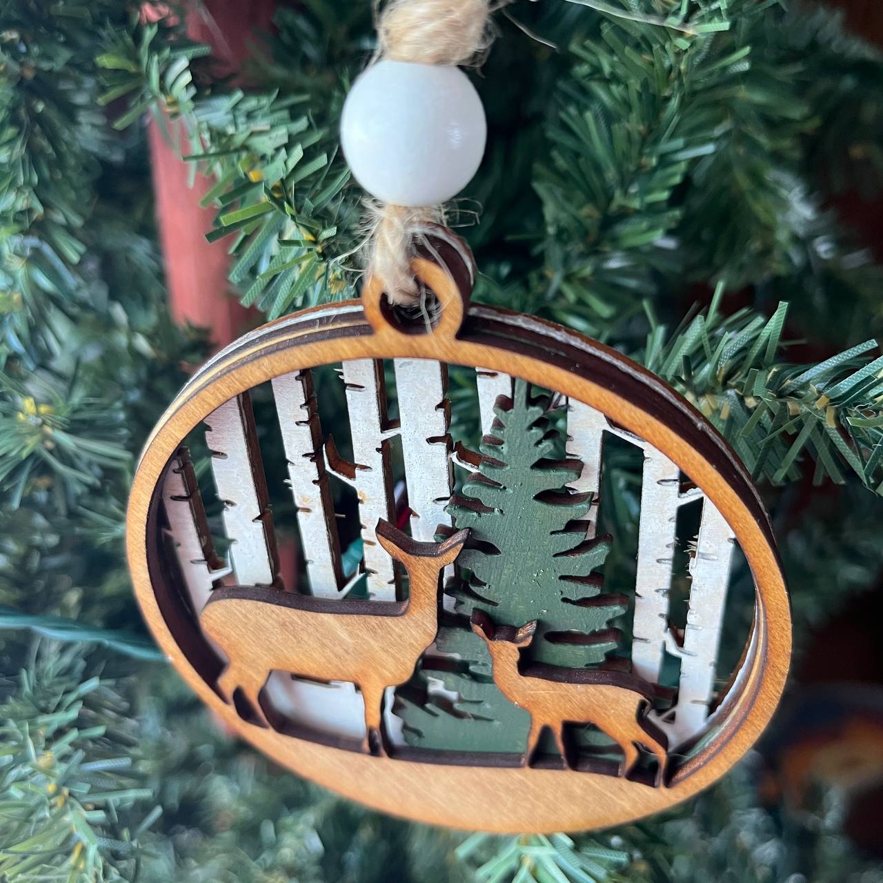 Deer Duo Ornament Set – 2-Piece Layered Wood Wildlife Ornaments – Rustic Buck and Mama & Baby Deer Christmas Tree Decor