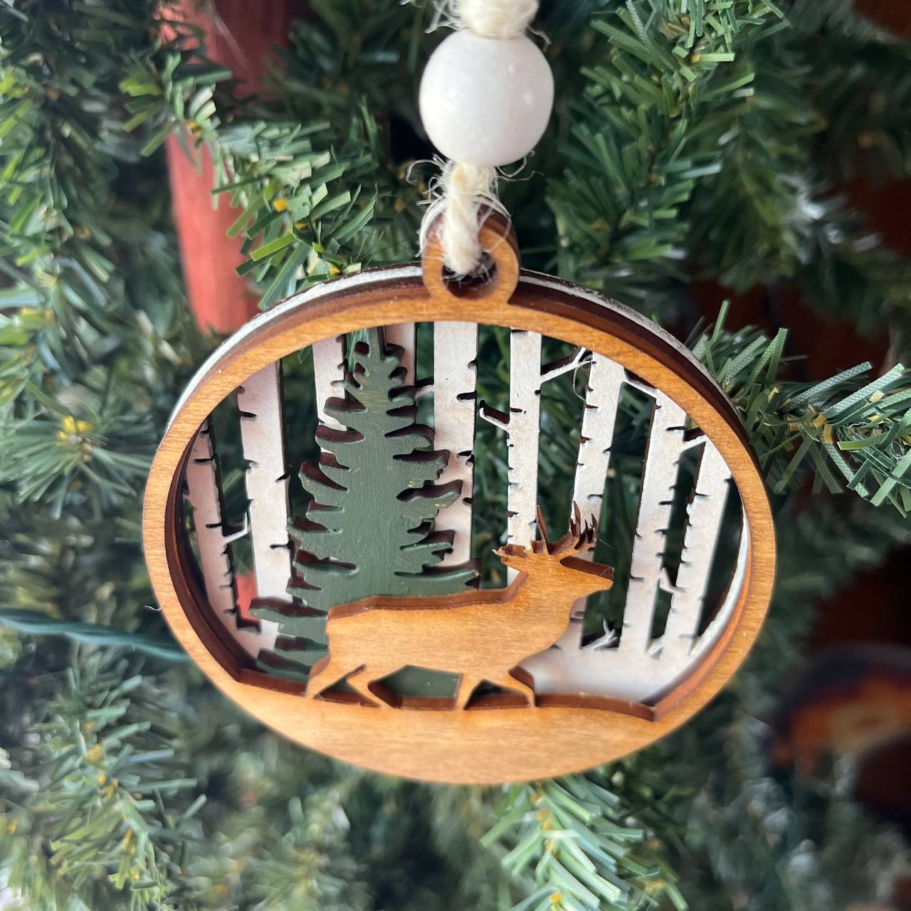 Deer Duo Ornament Set – 2-Piece Layered Wood Wildlife Ornaments – Rustic Buck and Mama & Baby Deer Christmas Tree Decor
