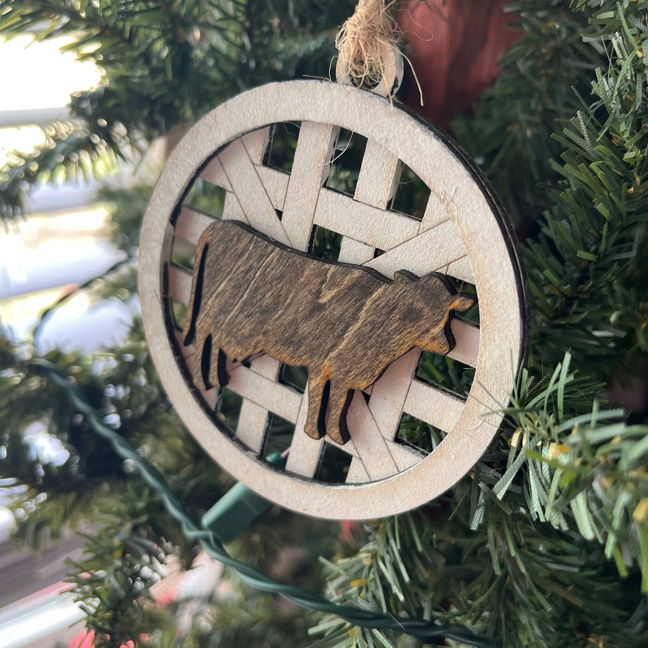 Farmhouse Christmas Ornament Set – Basket Weave Wood Ornaments (Set of 6) – Rustic Farm Animal & Windmill Tree Decorations – Pig, Cow, Chicken, Highland, Windmill, HOME