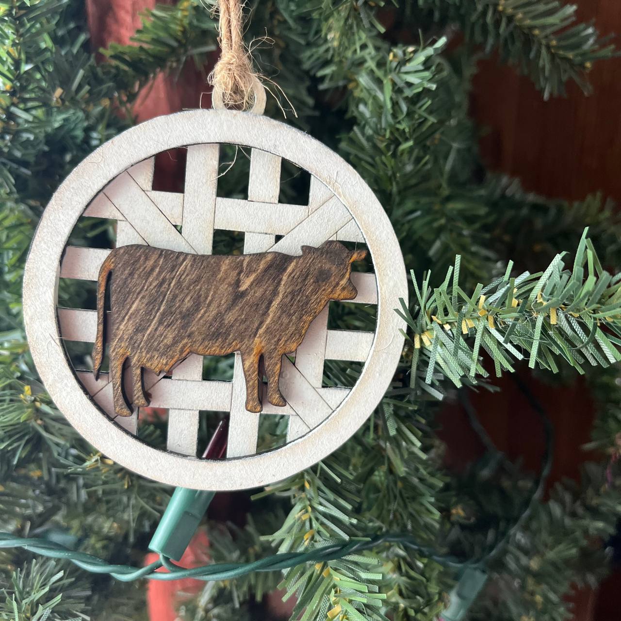 Farmhouse Christmas Ornament Set – Basket Weave Wood Ornaments (Set of 6) – Rustic Farm Animal & Windmill Tree Decorations – Pig, Cow, Chicken, Highland, Windmill, HOME