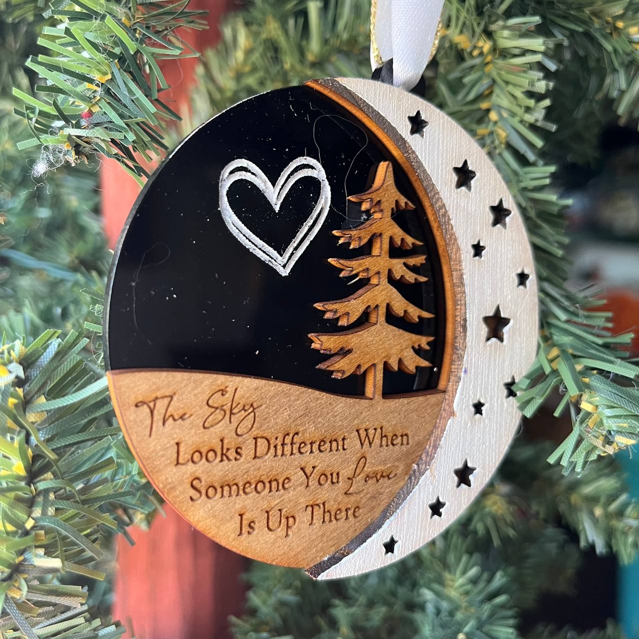 Memorial Ornament – “The Sky Looks Different” – 3.25" Layered Wood Remembrance Christmas Tree Decoration with Moon & Stars