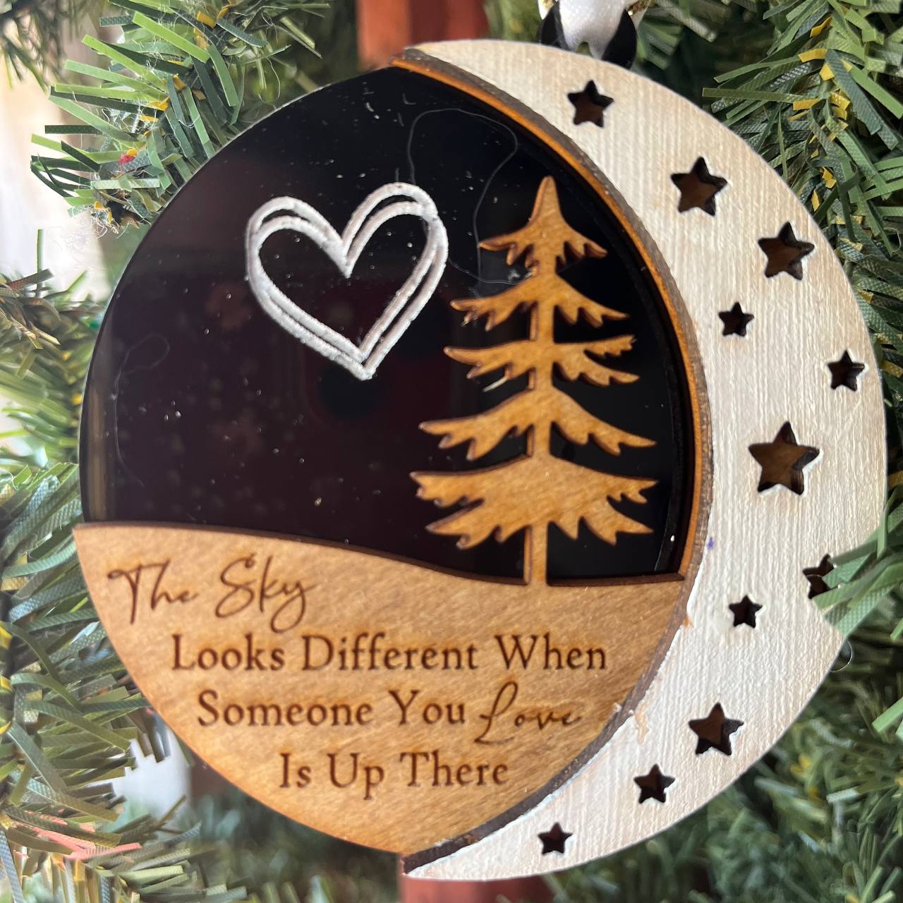 Memorial Ornament – “The Sky Looks Different” – 3.25" Layered Wood Remembrance Christmas Tree Decoration with Moon & Stars