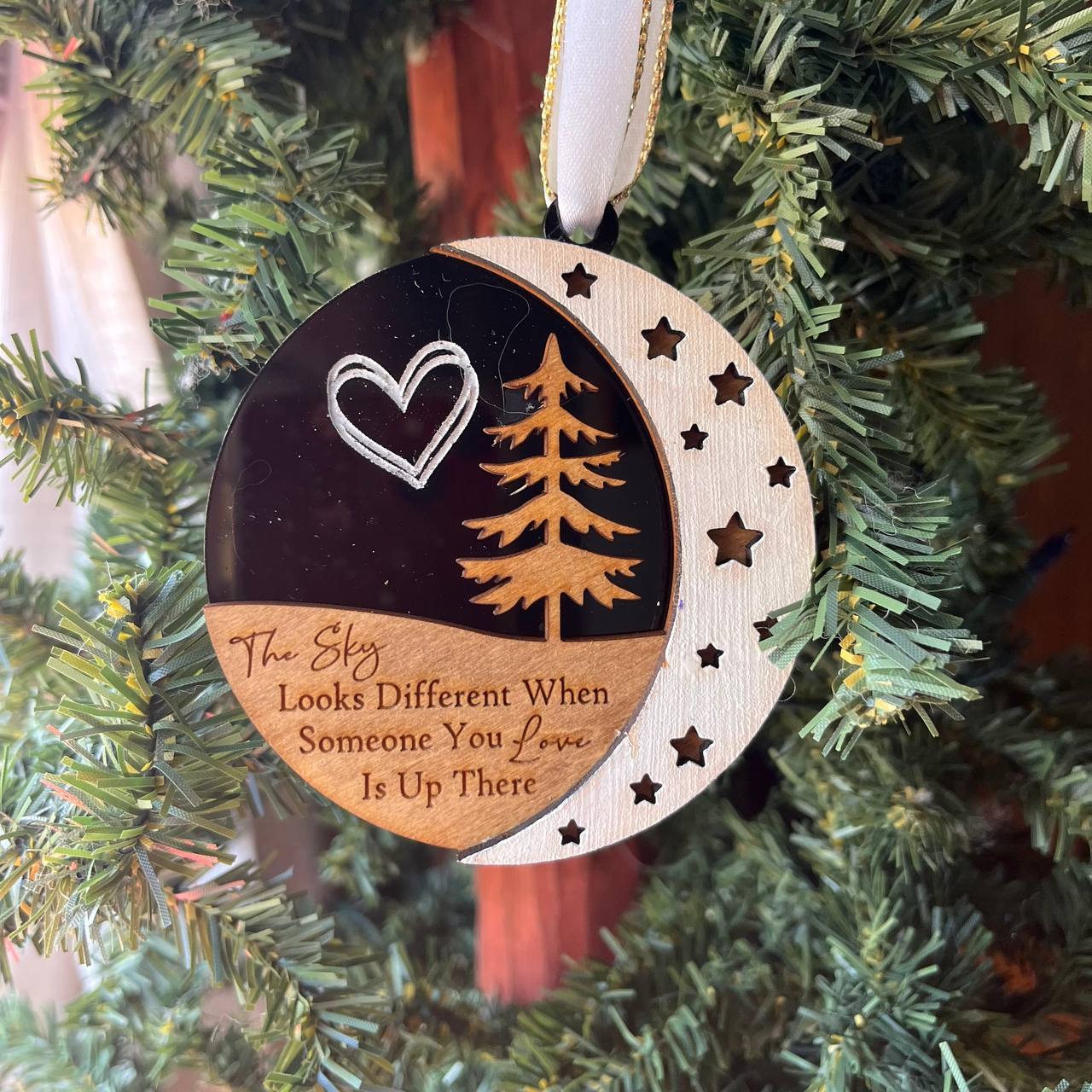 Memorial Ornament – “The Sky Looks Different” – 3.25" Layered Wood Remembrance Christmas Tree Decoration with Moon & Stars