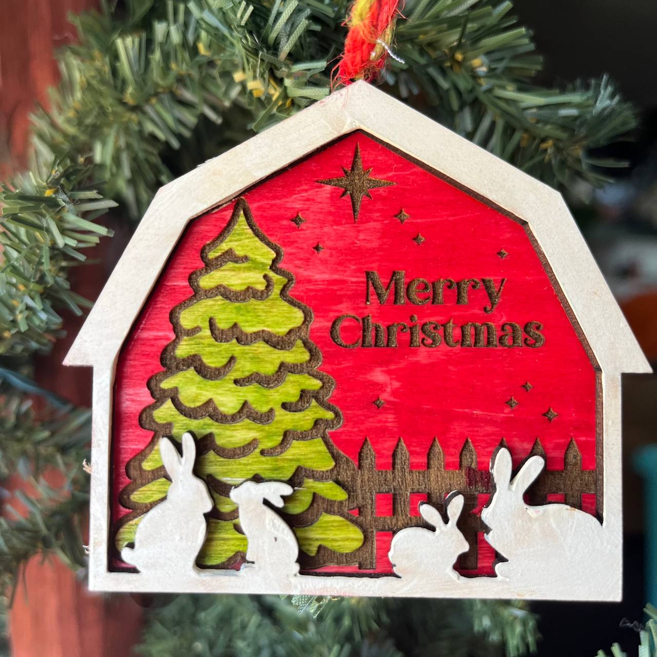 Merry Christmas Barn Ornament – 3.25" Tall Layered Wood Tree Decor with Bunnies & Tree – Farmhouse Holiday Ornament