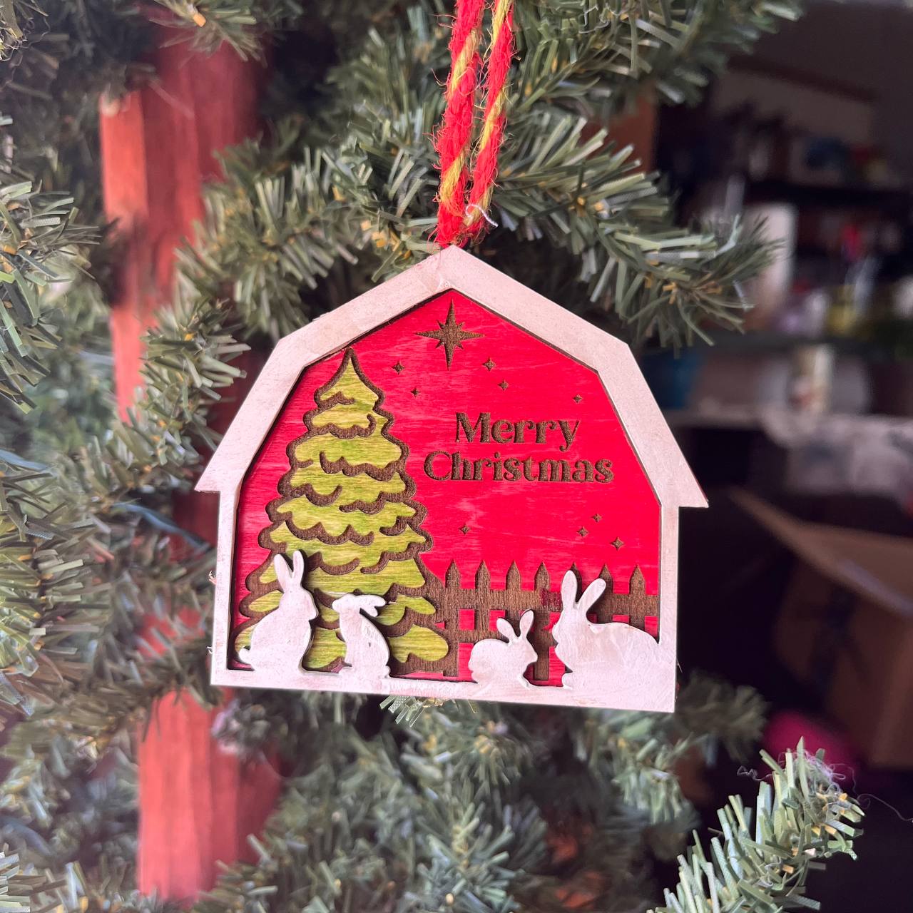 Merry Christmas Barn Ornament – 3.25" Tall Layered Wood Tree Decor with Bunnies & Tree – Farmhouse Holiday Ornament