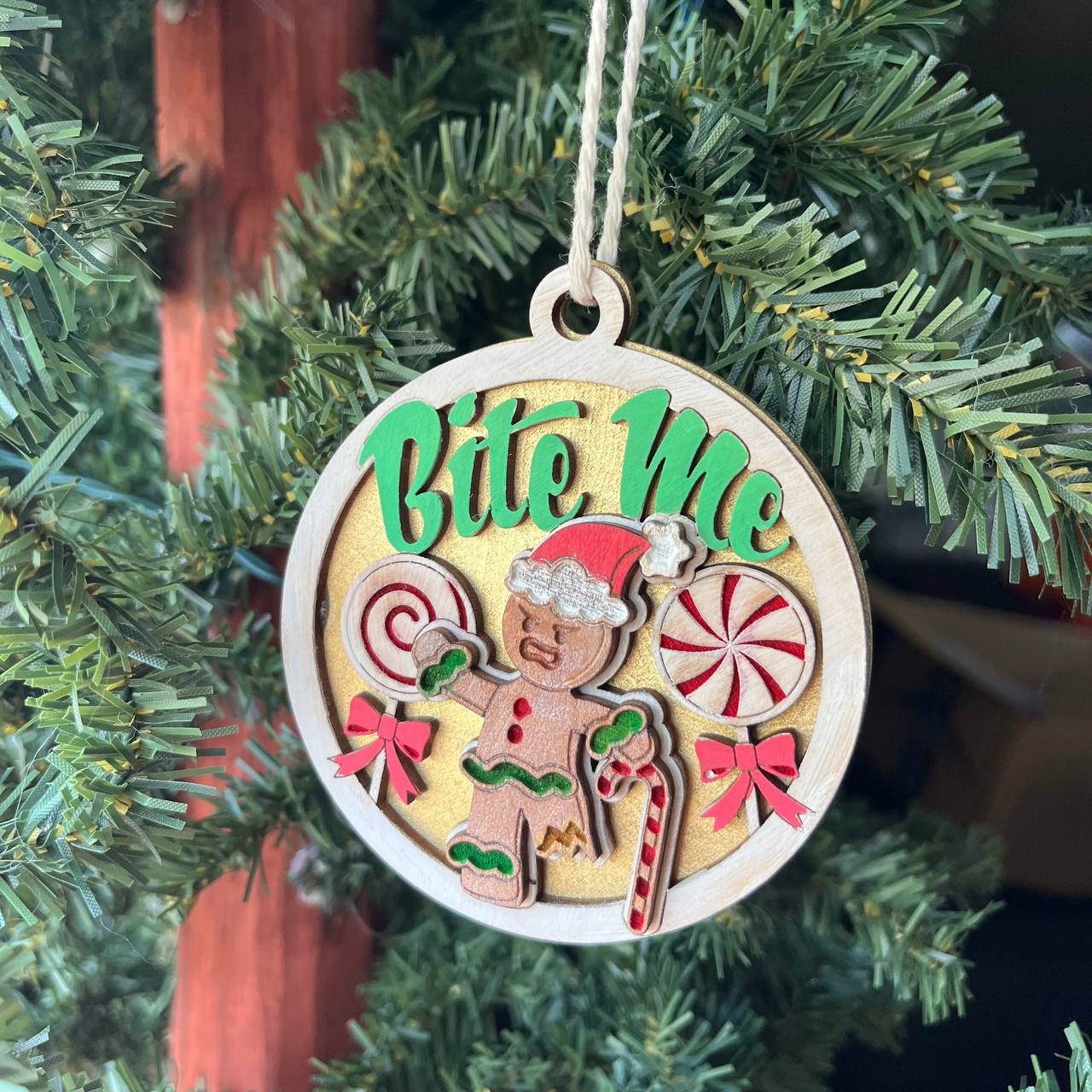 “Bite Me” Gingerbread Ornament – 3.25" Round Layered Wood Funny Christmas Tree Decor – Sassy Holiday Ornament