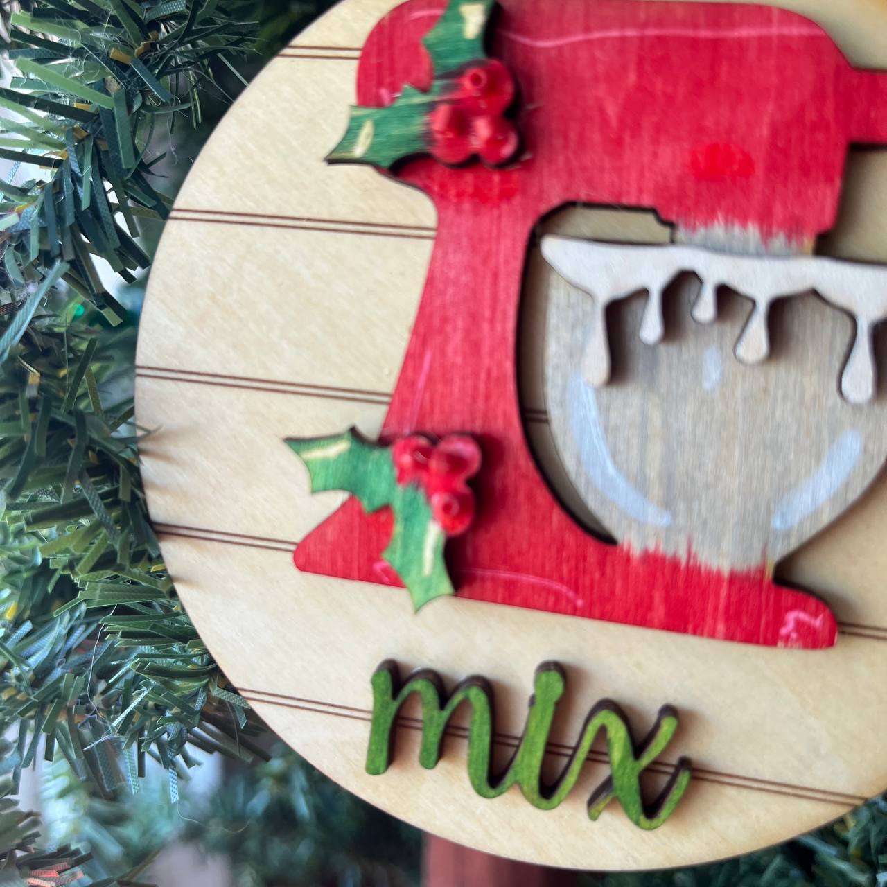 5-Piece Holiday Baking Ornament Set – Layered Wood Christmas Kitchen Decor – Bake, Mix, Roll, Decorate, Apron Ornaments