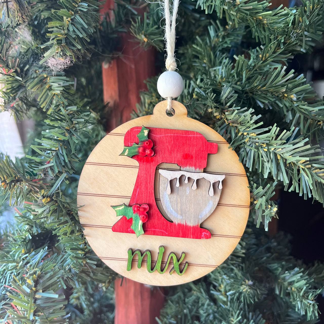 “Mix” Holiday Baking Ornament – 3.25" Round Layered Wood Stand Mixer Tree Decoration – Farmhouse Kitchen Christmas Ornament