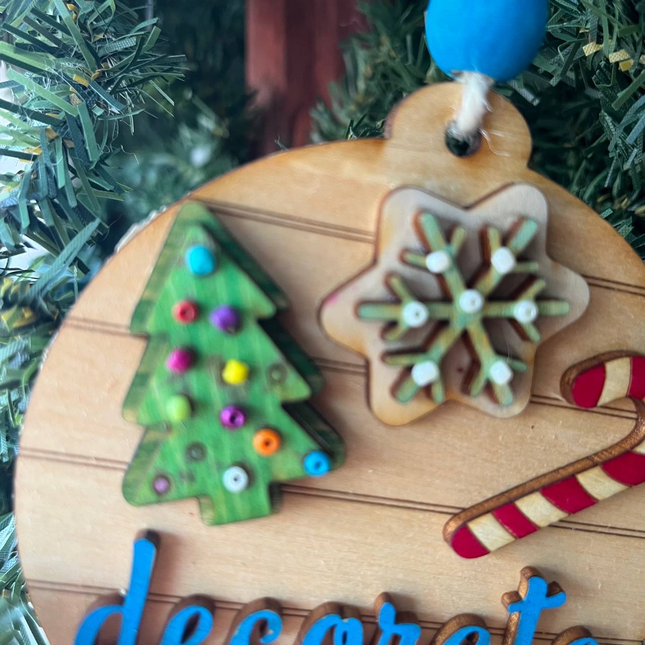 “Decorate” Christmas Cookie Ornament – 3.25" Round Layered Wood Holiday Baking Tree Decoration with Iced Cookies