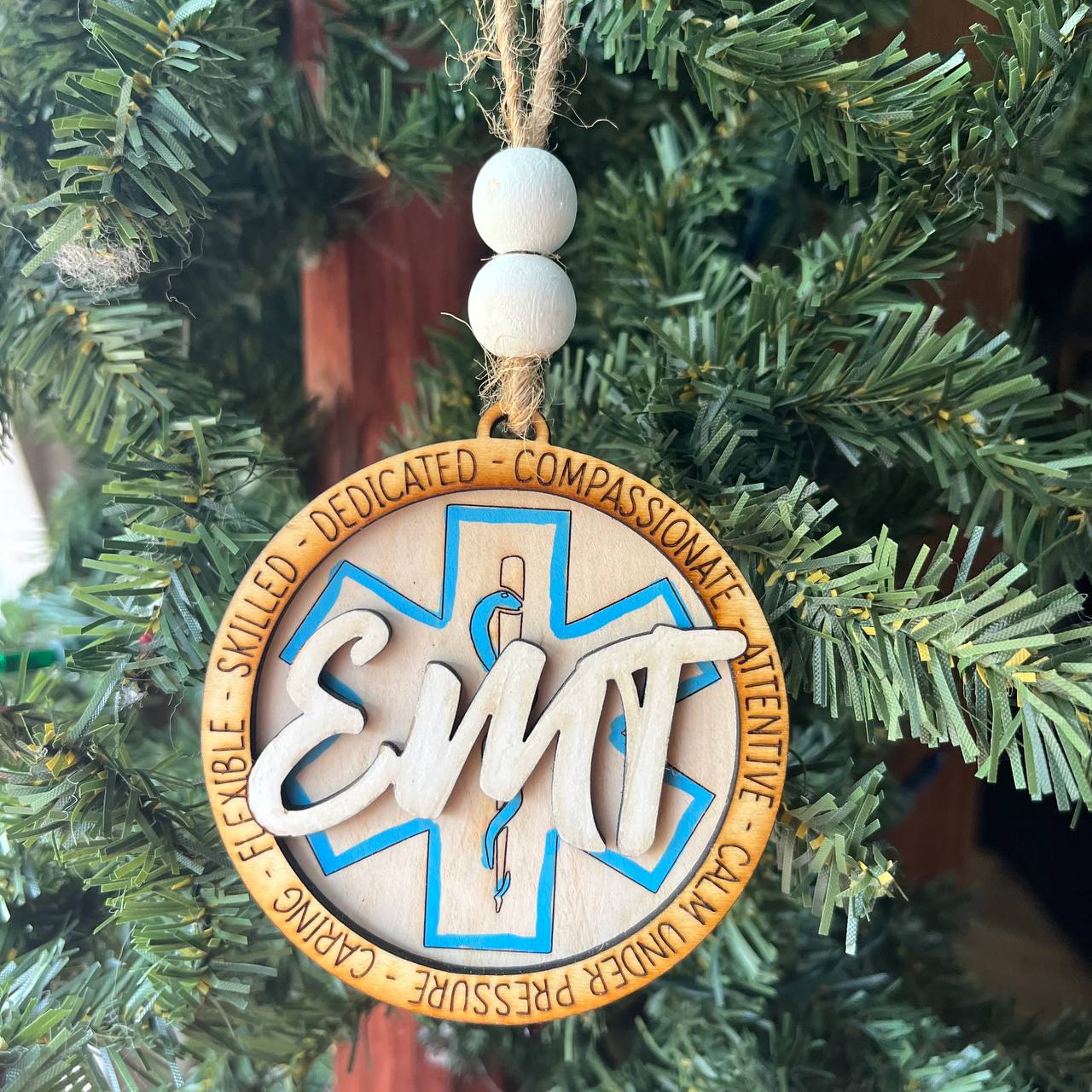 EMT Ornament – 3.25" Round Layered Wood Christmas Ornament – Star of Life Tribute for Emergency Medical Technicians