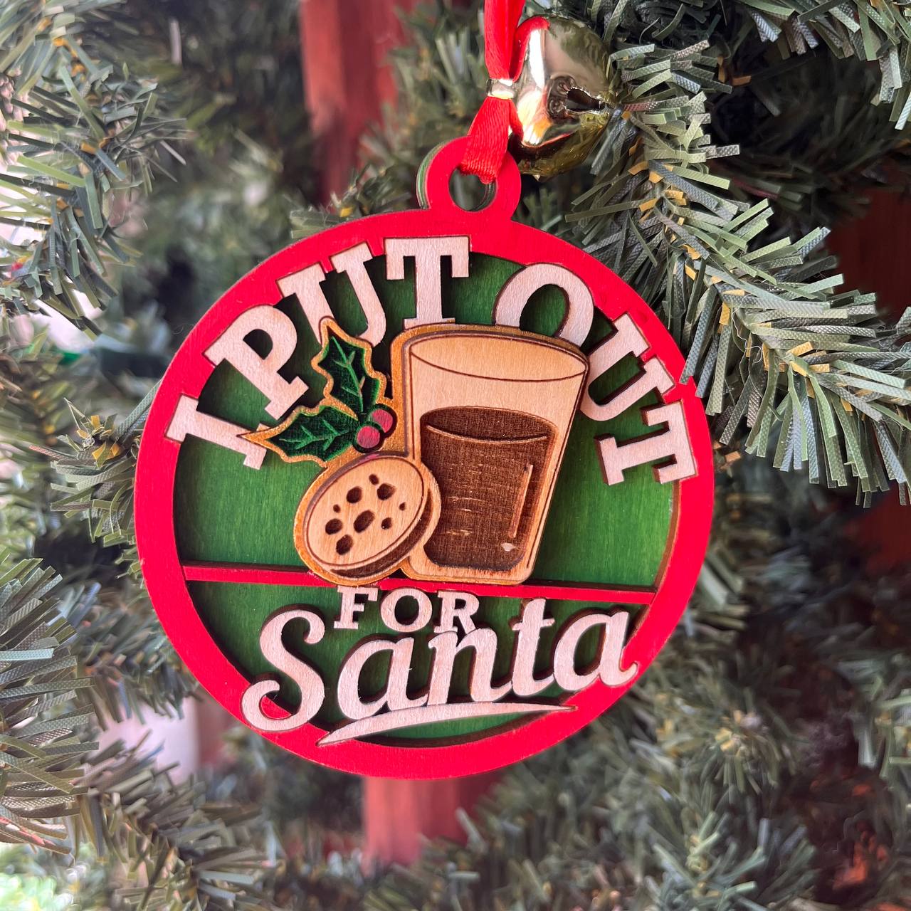 “I Put Out for Santa” Ornament – 3.25" Tall Layered Wood Funny Christmas Tree Decor – Cookies & Milk Ornament