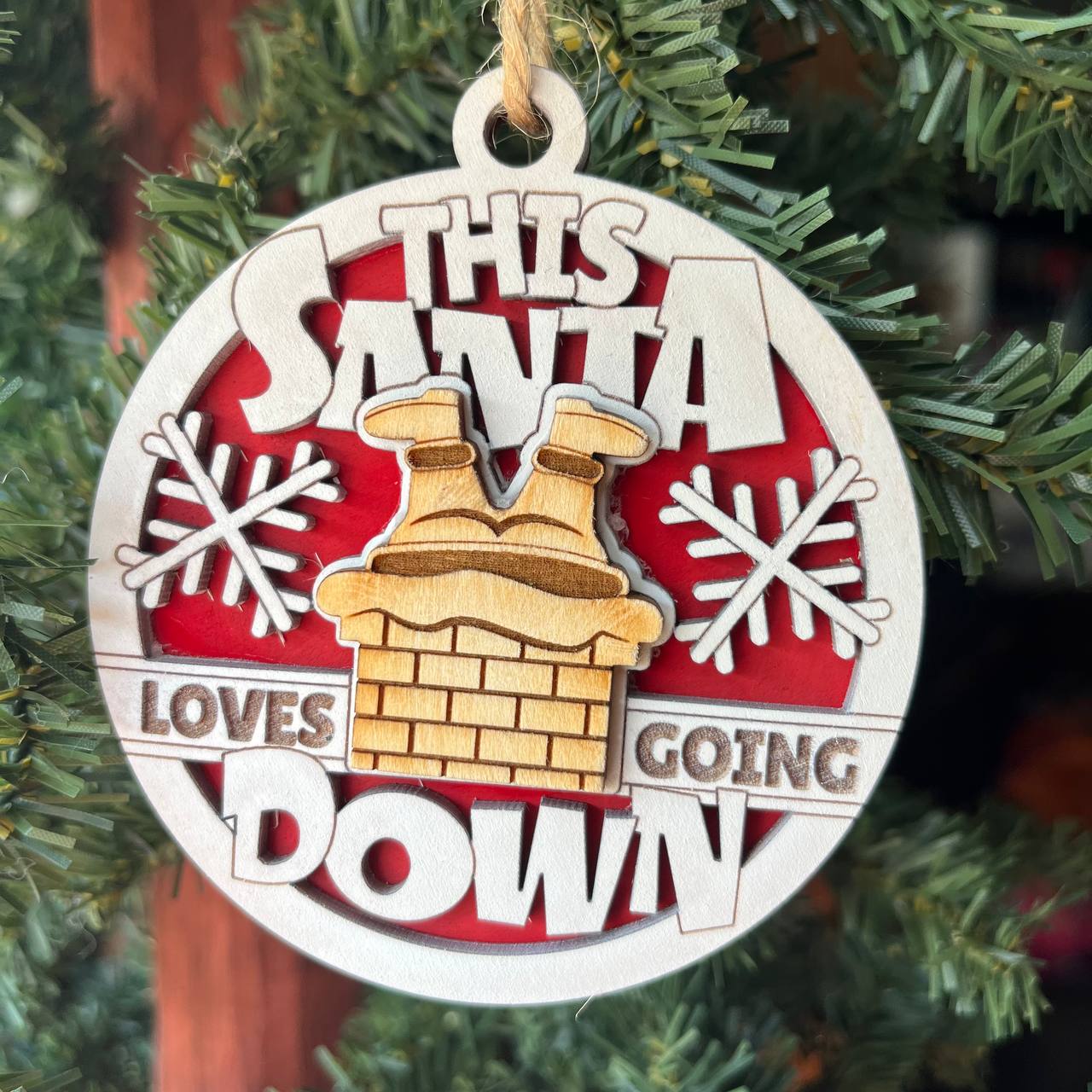 “This Santa Loves Going Down” Ornament – 3.25" Round Funny Layered Wood Christmas Tree Decor – Naughty Holiday Ornament