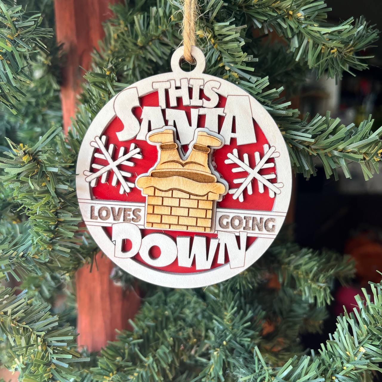 “This Santa Loves Going Down” Ornament – 3.25" Round Funny Layered Wood Christmas Tree Decor – Naughty Holiday Ornament