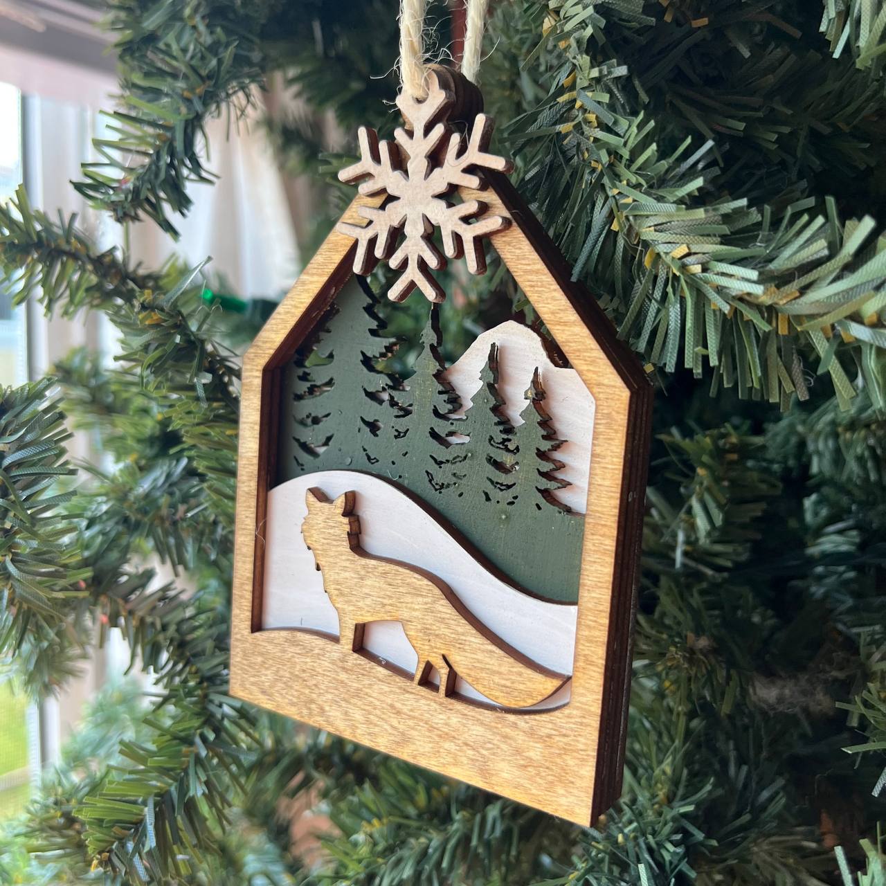 Woodland Fox Ornament – 5" Tall Layered Wood Forest Animal Christmas Tree Decor – Rustic Snowy Cabin Ornament