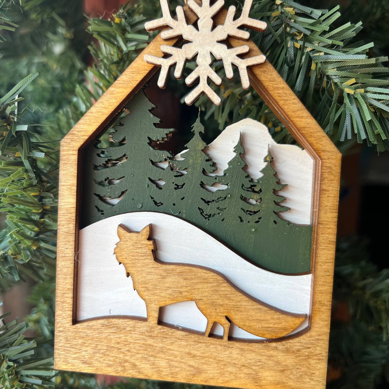 Woodland Fox Ornament – 5" Tall Layered Wood Forest Animal Christmas Tree Decor – Rustic Snowy Cabin Ornament
