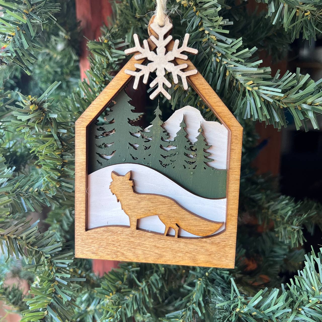 Woodland Fox Ornament – 5" Tall Layered Wood Forest Animal Christmas Tree Decor – Rustic Snowy Cabin Ornament