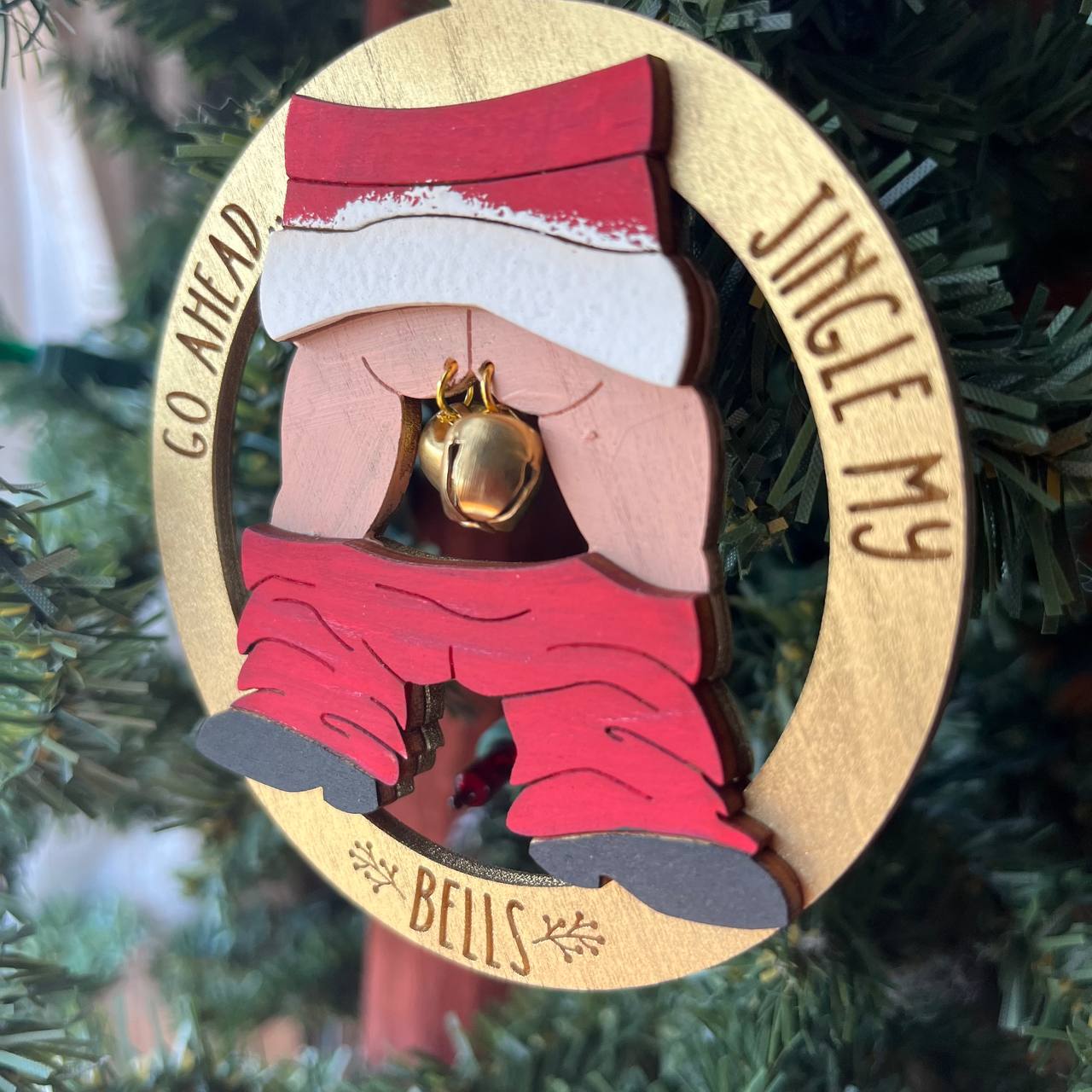 “Go Ahead… Jingle My Bells” Ornament – 3.5" Round Funny Layered Wood Christmas Decor with Real Jingle Bells