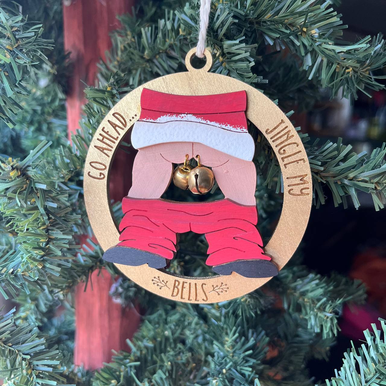 “Go Ahead… Jingle My Bells” Ornament – 3.5" Round Funny Layered Wood Christmas Decor with Real Jingle Bells