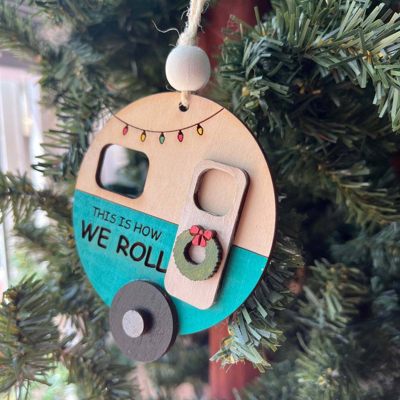 “This Is How We Roll” Camper Ornament – 3.25" Round Layered Wood Camping Christmas Tree Decor – Holiday RV Ornament