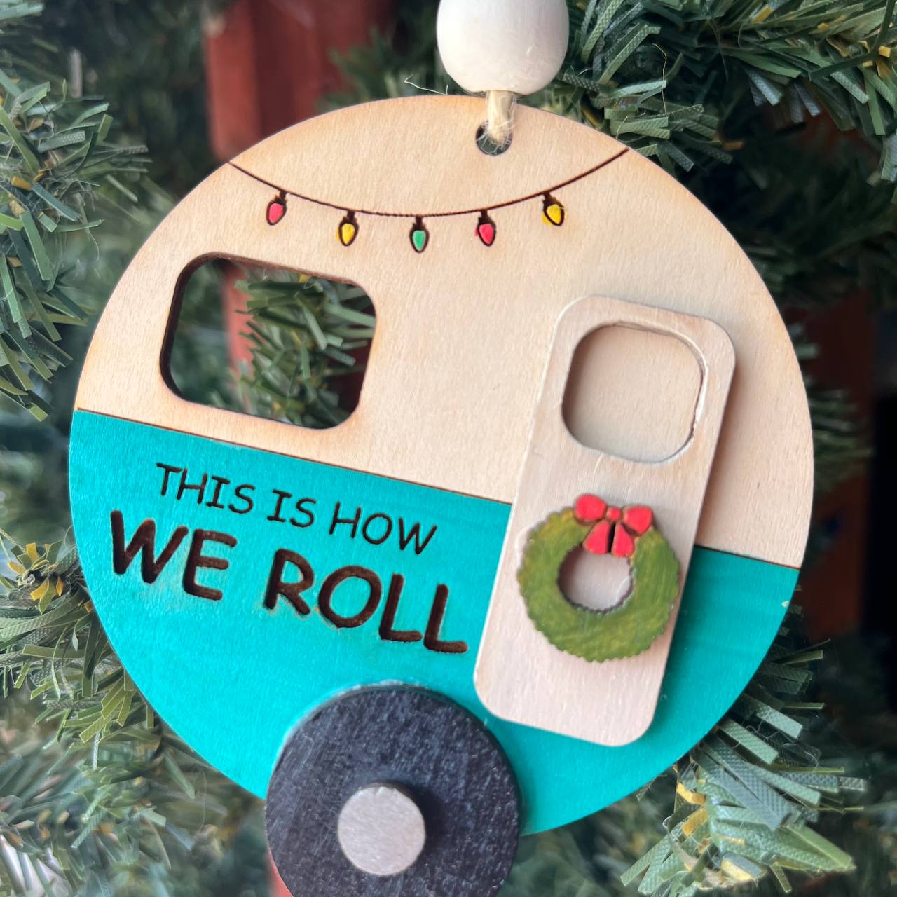 “This Is How We Roll” Camper Ornament – 3.25" Round Layered Wood Camping Christmas Tree Decor – Holiday RV Ornament