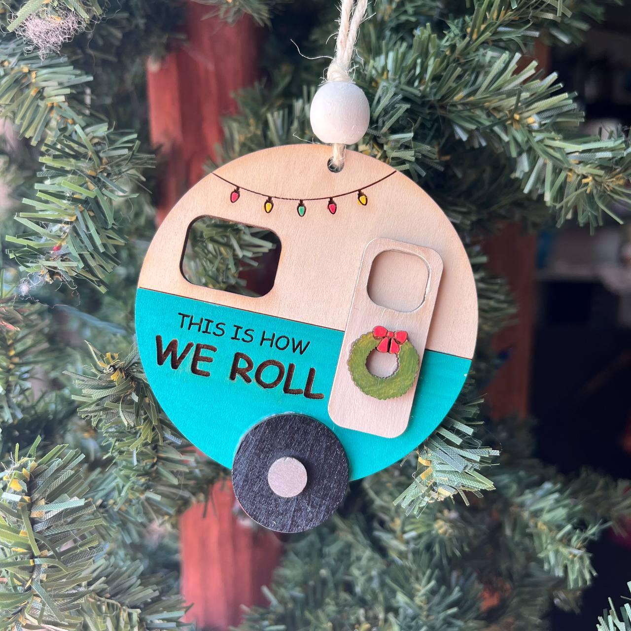 “This Is How We Roll” Camper Ornament – 3.25" Round Layered Wood Camping Christmas Tree Decor – Holiday RV Ornament