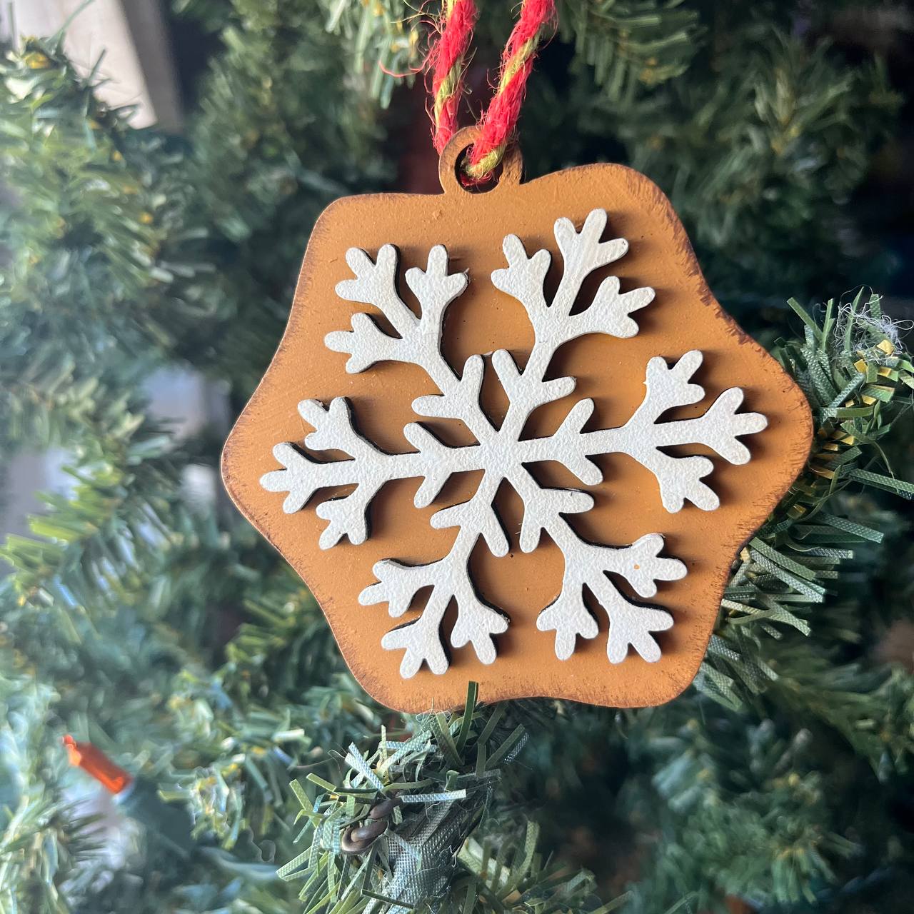 Rustic Snowflake Ornament – White Winter Snowflake on Caramel Wood – Farmhouse Christmas Tree Decoration – 3.25" Wooden Holiday Ornament