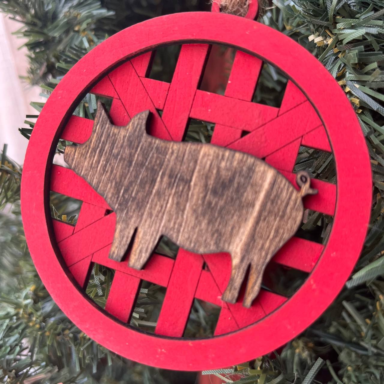 Farmhouse Christmas Ornament Set – Basket Weave Wood Ornaments (Set of 6) – Rustic Farm Animal & Windmill Tree Decorations – Pig, Cow, Chicken, Highland, Windmill, HOME