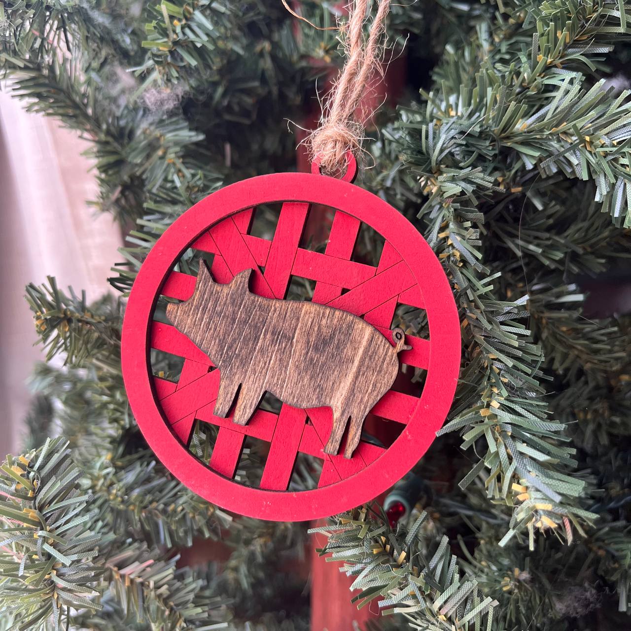 Farmhouse Christmas Ornament Set – Basket Weave Wood Ornaments (Set of 6) – Rustic Farm Animal & Windmill Tree Decorations – Pig, Cow, Chicken, Highland, Windmill, HOME