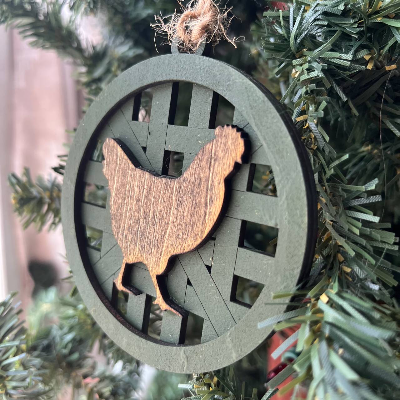 Farmhouse Christmas Ornament Set – Basket Weave Wood Ornaments (Set of 6) – Rustic Farm Animal & Windmill Tree Decorations – Pig, Cow, Chicken, Highland, Windmill, HOME