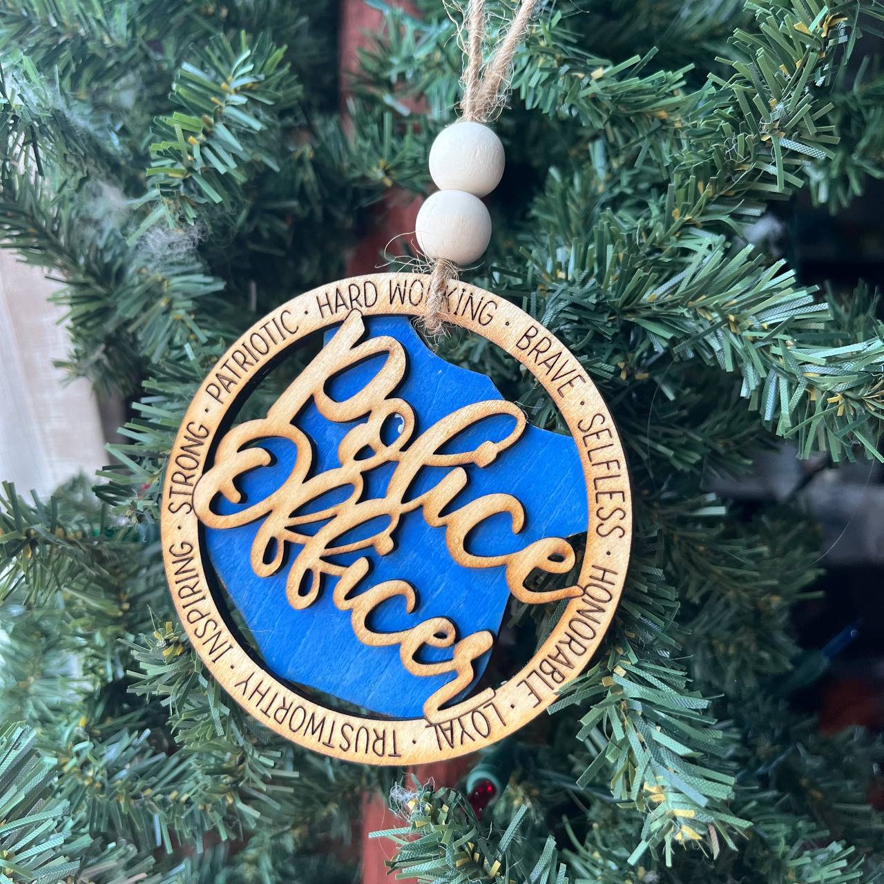 Police Officer Christmas Ornament – Rustic Wood Law Enforcement Tree Decoration – 3.25" Round Handmade Honor Badge Keepsake