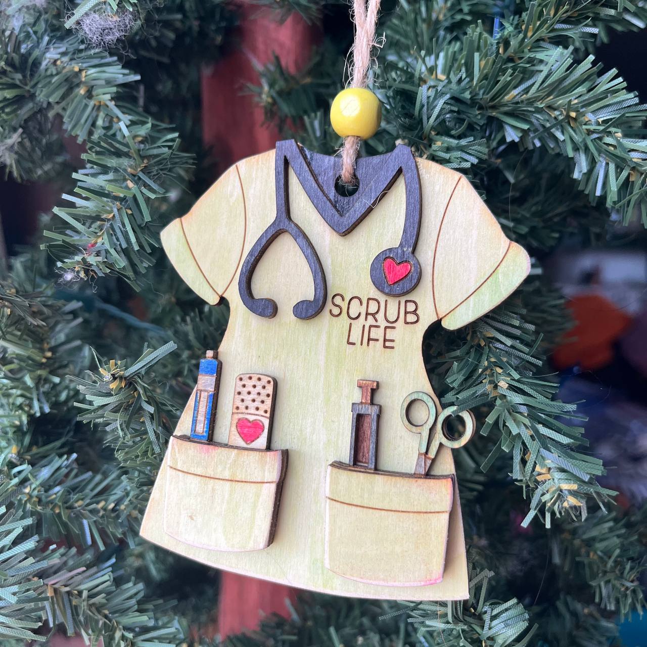 Scrub Life Nurse Ornament – Handmade Wood Medical Christmas Decoration for Nurses, CNAs, and Healthcare Workers – 4" Tall Scrubs Tree Ornament