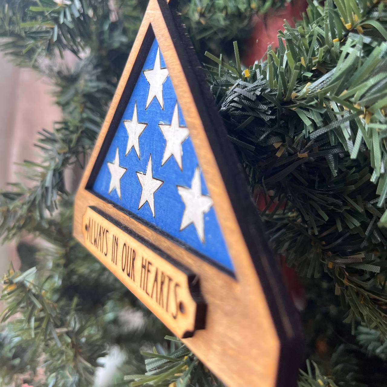 Patriotic Folded Flag Memorial Ornament – Always in Our Hearts – Veteran Tribute Wood Keepsake – 3.5" Wide Military Remembrance Ornament