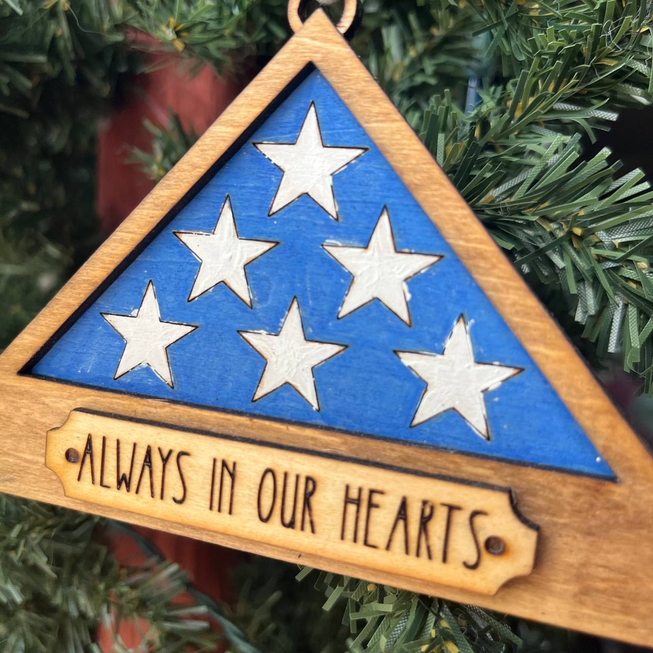 Patriotic Folded Flag Memorial Ornament – Always in Our Hearts – Veteran Tribute Wood Keepsake – 3.5" Wide Military Remembrance Ornament