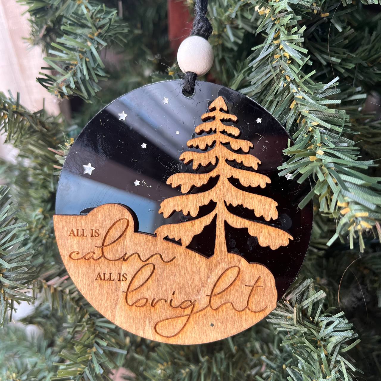 “All Is Calm, All Is Bright” Wood & Black Acrylic Christmas Ornament – Modern Rustic Tree Ornament – 3.25" Round Holiday Decoration